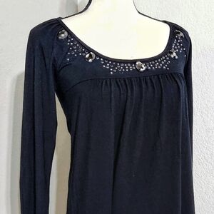 Green Dragon Empire Waist Long Sleeve Soft Modal Top Embellished Neckline Tunic